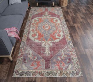 4x7 Vintage Handmade Burgundy Area Rug - Thumbnail