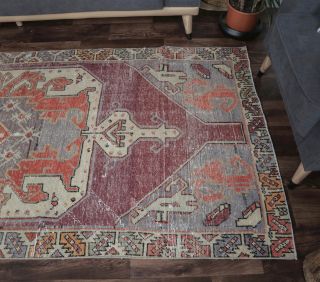 4x7 Vintage Handmade Burgundy Area Rug - Thumbnail