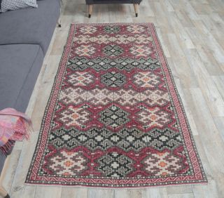 4x7 Vintage Handmade Area Pink Geometric Rug - Thumbnail