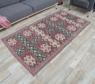 4x7 Vintage Handmade Area Pink Geometric Rug - Thumbnail