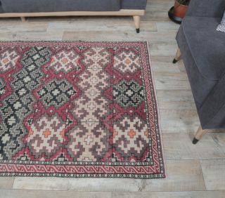 4x7 Vintage Handmade Area Pink Geometric Rug - Thumbnail