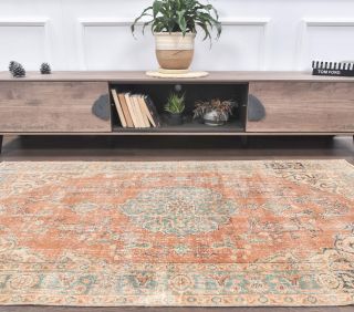 4x7 Vintage Handmade Oriental Orange Area Rug - Thumbnail