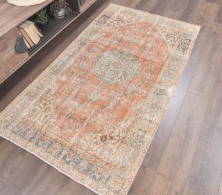 4x7 Vintage Handmade Oriental Orange Area Rug - Thumbnail