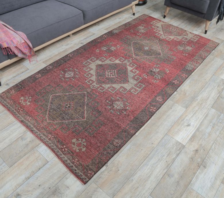 4x8 Vintage Handmade Red Diamond Area Rug