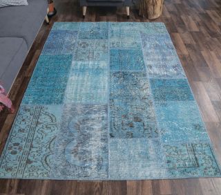 5x8 Vintage Blue Overdyed Patchwork Area Rug - Thumbnail