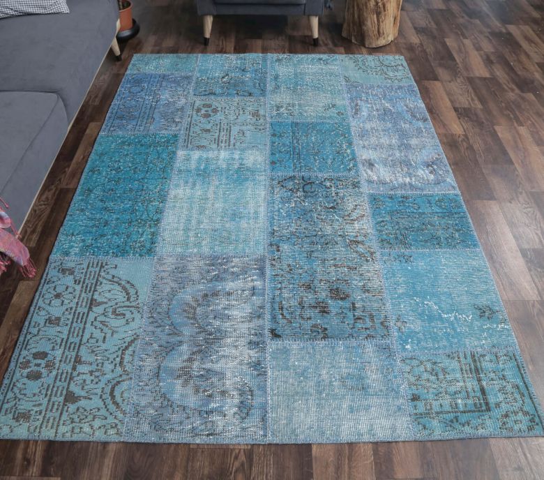 5x8 Vintage Blue Overdyed Patchwork Area Rug