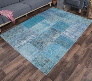 5x8 Vintage Blue Overdyed Patchwork Area Rug - Thumbnail