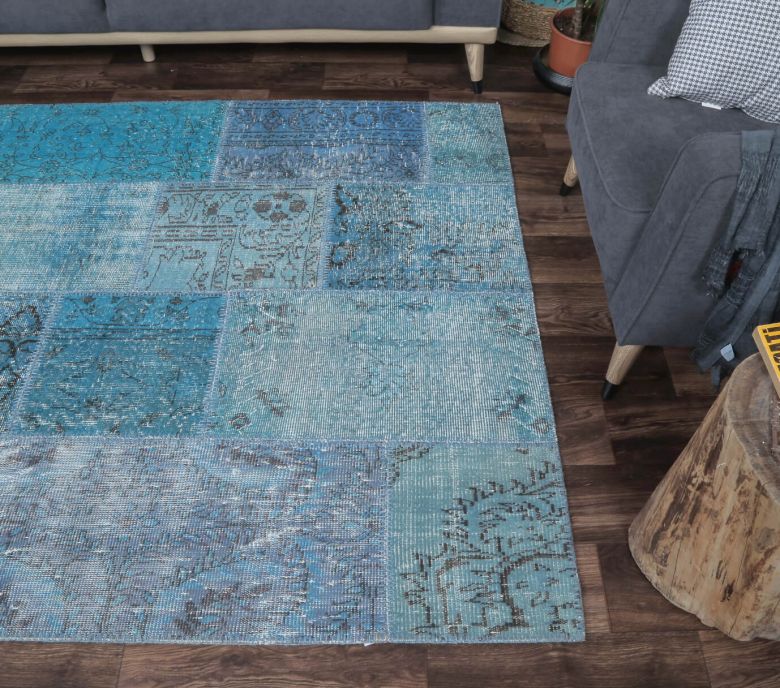 5x8 Vintage Blue Overdyed Patchwork Area Rug