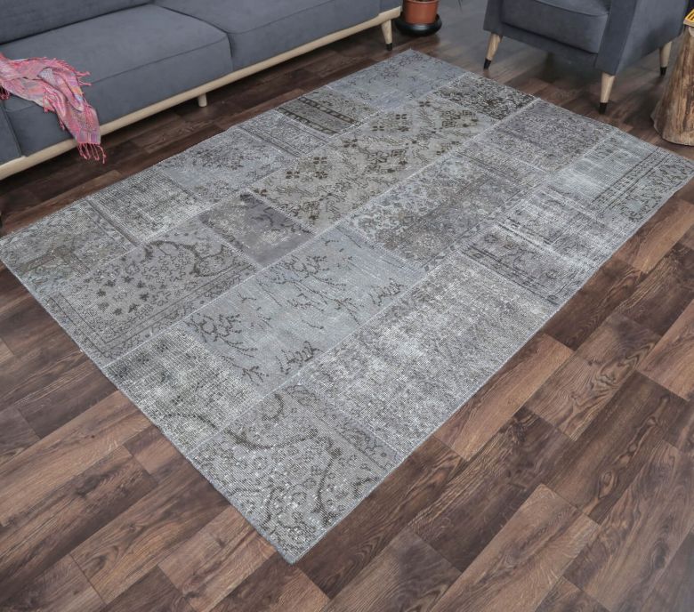 5x8 Vintage Handmade Area Gray Patchwork Rug