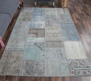 5x8 Vintage Handmade Blue Patchwork Area Rug - Thumbnail