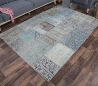 5x8 Vintage Handmade Blue Patchwork Area Rug - Thumbnail