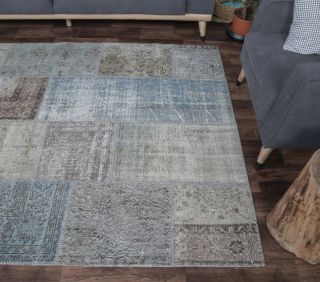 5x8 Vintage Handmade Blue Patchwork Area Rug - Thumbnail