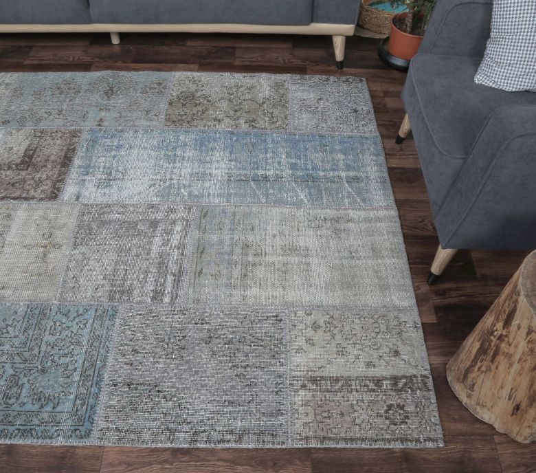 5x8 Vintage Handmade Blue Patchwork Area Rug