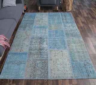 5x8 Vintage Handmade Patchwork Blue Area Rug - Thumbnail