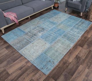 5x8 Vintage Handmade Patchwork Blue Area Rug - Thumbnail