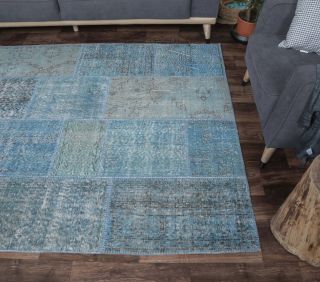 5x8 Vintage Handmade Patchwork Blue Area Rug - Thumbnail