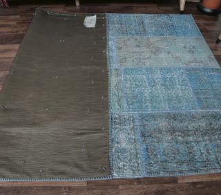 5x8 Vintage Handmade Patchwork Blue Area Rug - Thumbnail