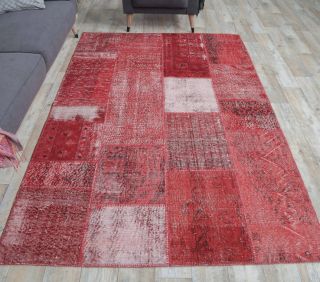 5x8 Vintage Overdyed Handmade Red Patchwork Rug - Thumbnail