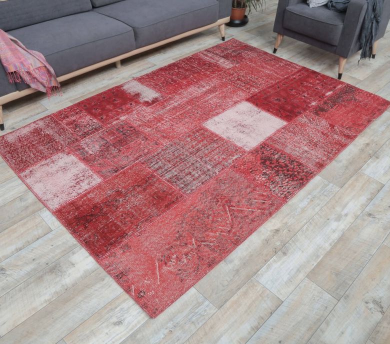 5x8 Vintage Overdyed Handmade Red Patchwork Rug