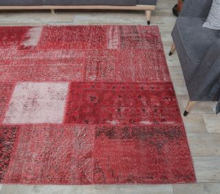 5x8 Vintage Overdyed Handmade Red Patchwork Rug - Thumbnail