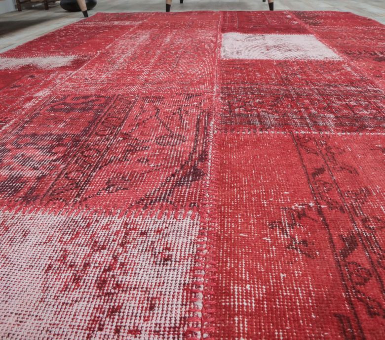 5x8 Vintage Overdyed Handmade Red Patchwork Rug