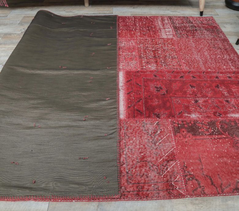 5x8 Vintage Overdyed Handmade Red Patchwork Rug