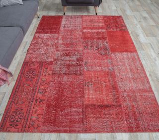 5x8 Vintage Overdyed Patchwork Handmade Red Rug - Thumbnail