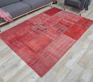5x8 Vintage Overdyed Patchwork Handmade Red Rug - Thumbnail