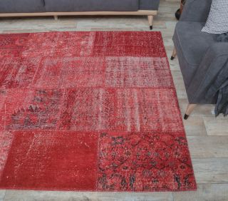5x8 Vintage Overdyed Patchwork Handmade Red Rug - Thumbnail