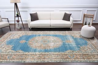 Vintage Oushak Blue Area Rug - Thumbnail