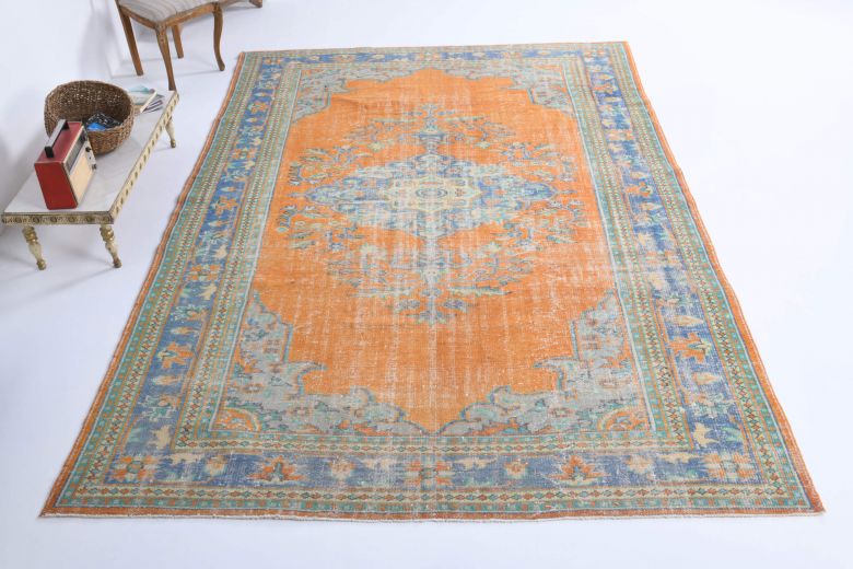 Hot Orange Vintage Area Anatolian Rug