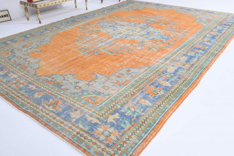 Hot Orange Vintage Area Anatolian Rug