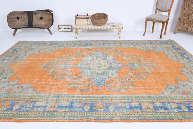 Hot Orange Vintage Area Anatolian Rug