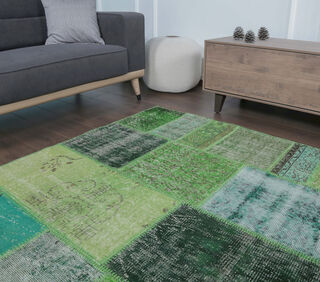 Evrim - Green Patchwork Rug - Thumbnail