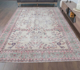 Feyzam - Bordered Floral Vintage Rug - Thumbnail