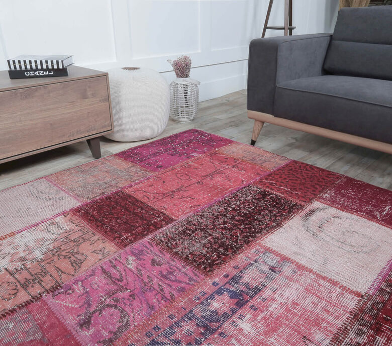 Gelincik - Pink Handmade Patchwork Rug