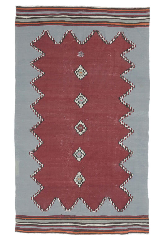 Gunnur - Gray & Red 1970's Flatweave Rug