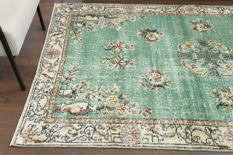 Green Turkish Vintage Area Anatolian Rug