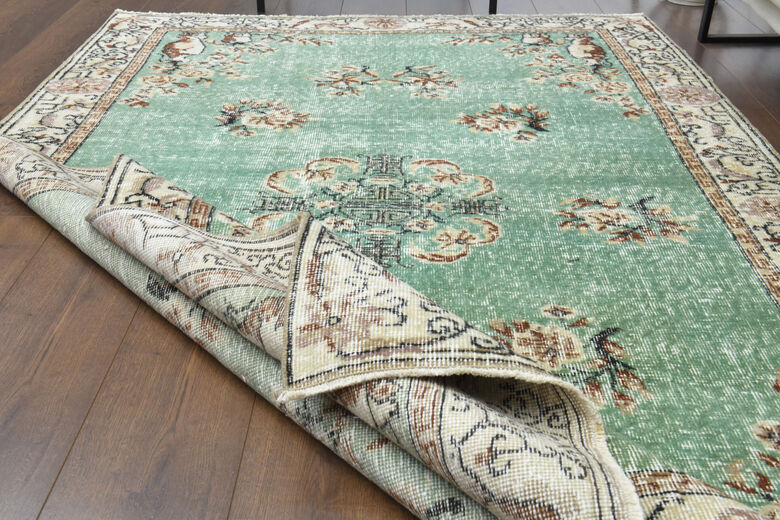 Green Turkish Vintage Area Anatolian Rug