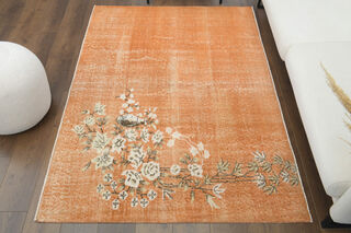 Orange Floral Vintage Area Rug - Thumbnail