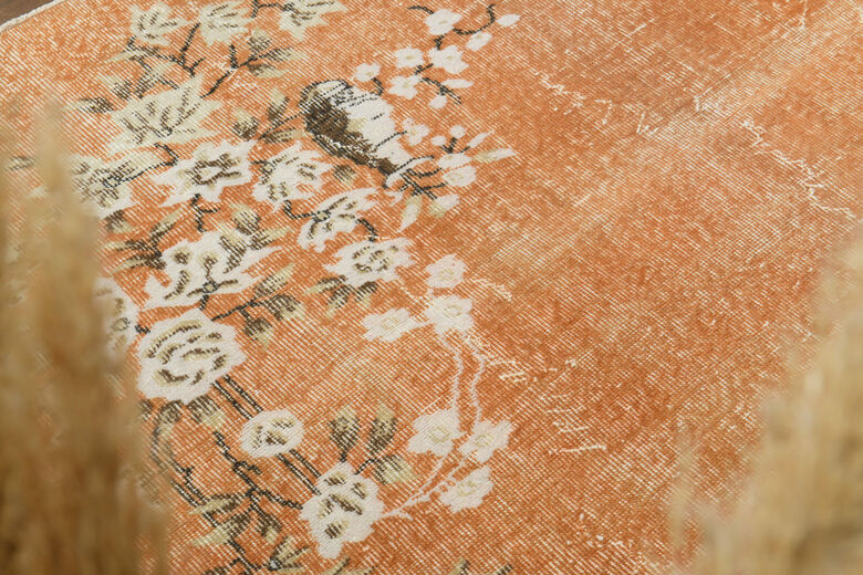 Orange Floral Vintage Area Rug