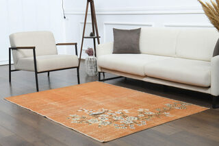 Orange Floral Vintage Area Rug - Thumbnail