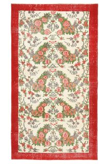 Red Bordered & Floral Vintage Area Rug - Thumbnail