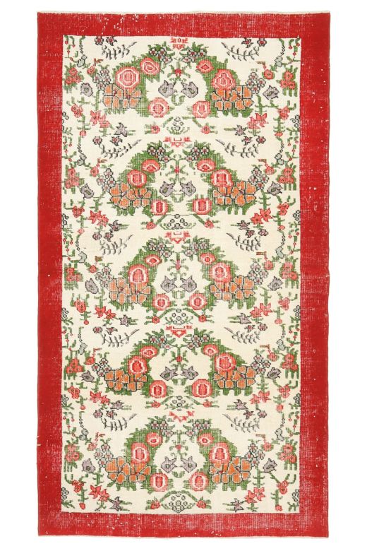 Red Bordered & Floral Vintage Area Rug