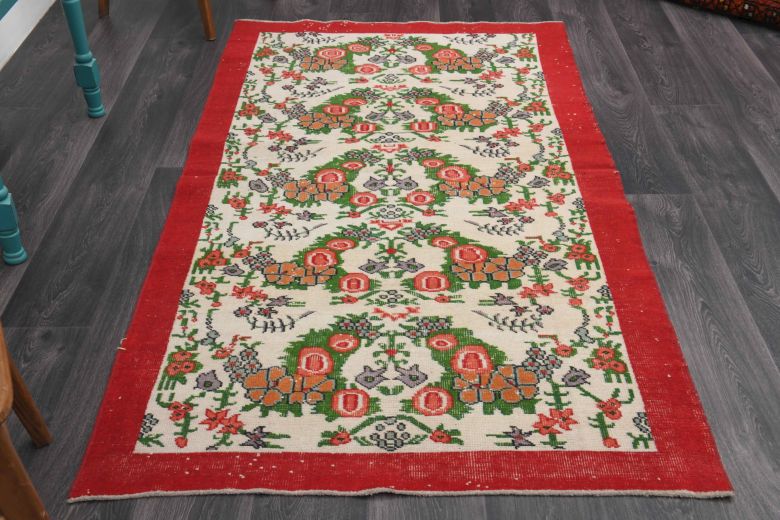 Red Bordered & Floral Vintage Area Rug