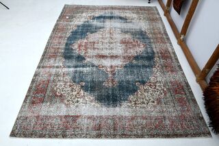 Distressed Red Black Turkish Anatolian Rug - Thumbnail