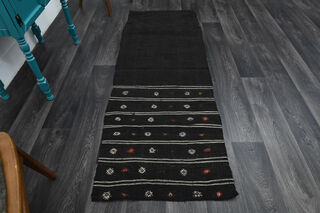 Black Kilim Vintage Runner Rug - Thumbnail