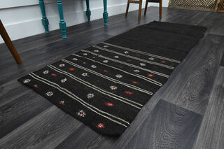 Black Kilim Vintage Runner Rug - Thumbnail