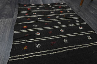 Black Kilim Vintage Runner Rug - Thumbnail