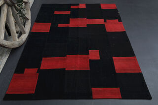 Black & Red Patchwork Rug - Handmade Vintage Area Rug - Thumbnail